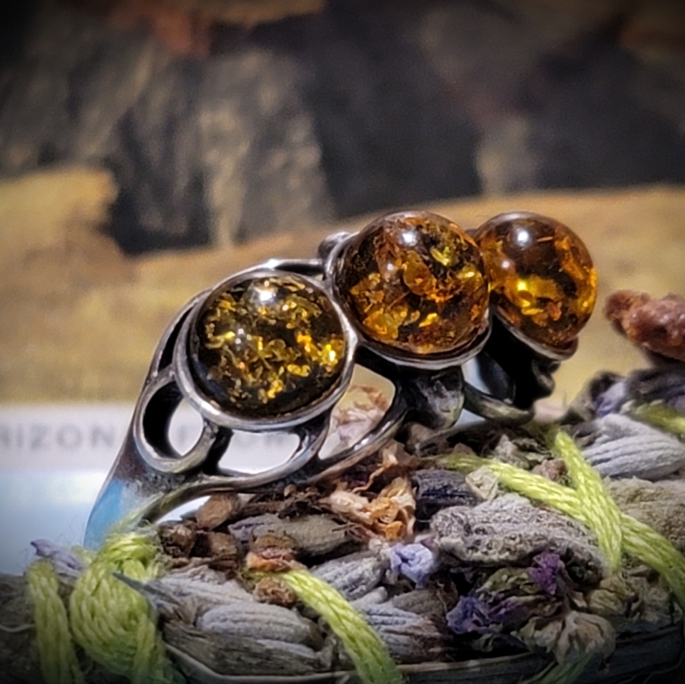 Triple Green Amber Silver Ring - image 1